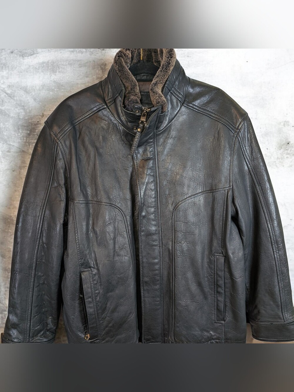 Andrew Marc Men’s Leather Jacket L — Black Fur Collar, Quilted Lining, Premium